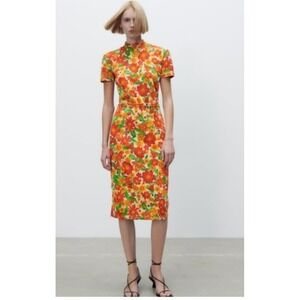 Zara Vibrant Jacquard Floral And Fruit High Neck Dress 50s Inspired Belted Sz M